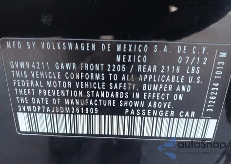 2013 Volkswagen Jetta 2.5L Se из США, поврежденный, VIN 3VWDP7AJ8DM361909